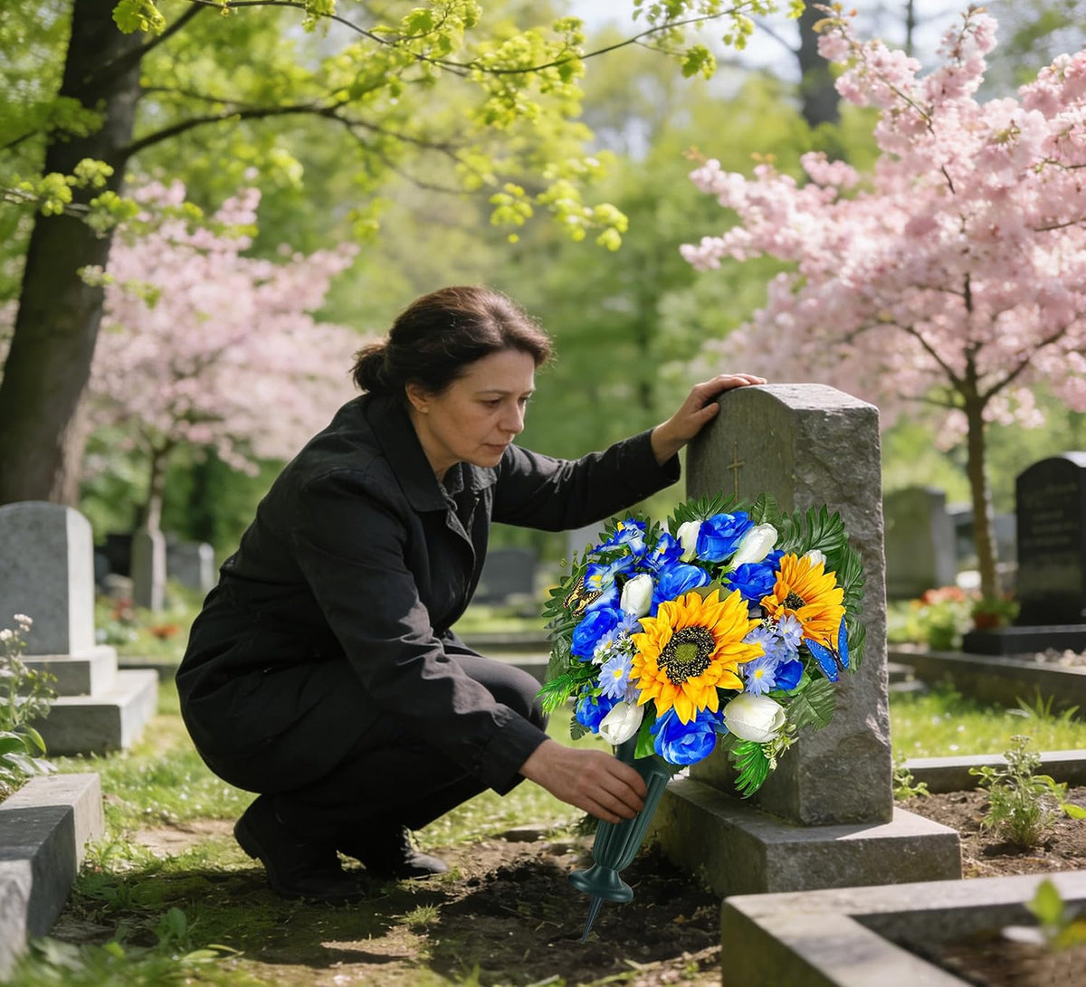 Artificial Cemetery Flowers – Vibrant Sunflower Tulip, Outdoor Grave Decorations - 1 Blue Gravesite Bouquet with Vase