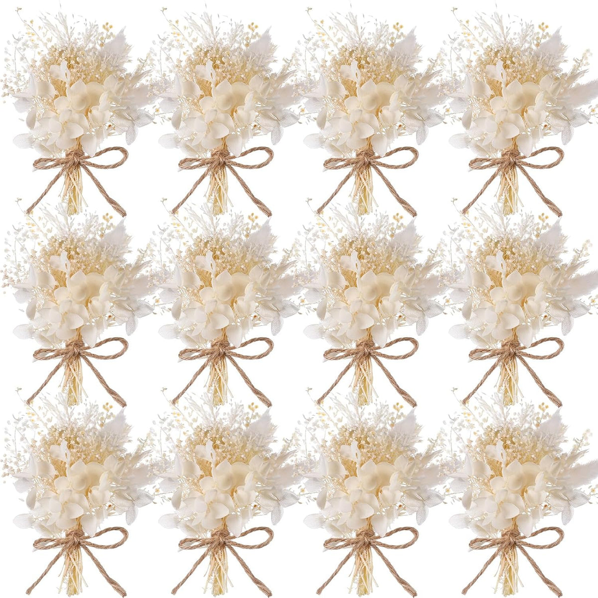 12 Pcs Mini Dried Flower Bouquet for Boho Floral Wedding 6'' Small Dry Pampas Grass Handmade Tiny Dried Flower for Crafts DIY Boutonniere Table Centerpieces Bridesmaid Gift Box(White,Classic)