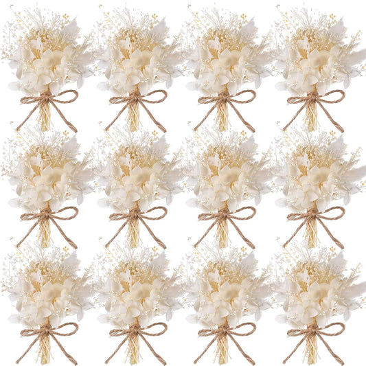 12 Pcs Mini Dried Flower Bouquet for Boho Floral Wedding 6'' Small Dry Pampas Grass Handmade Tiny Dried Flower for Crafts DIY Boutonniere Table Centerpieces Bridesmaid Gift Box(White,Classic)
