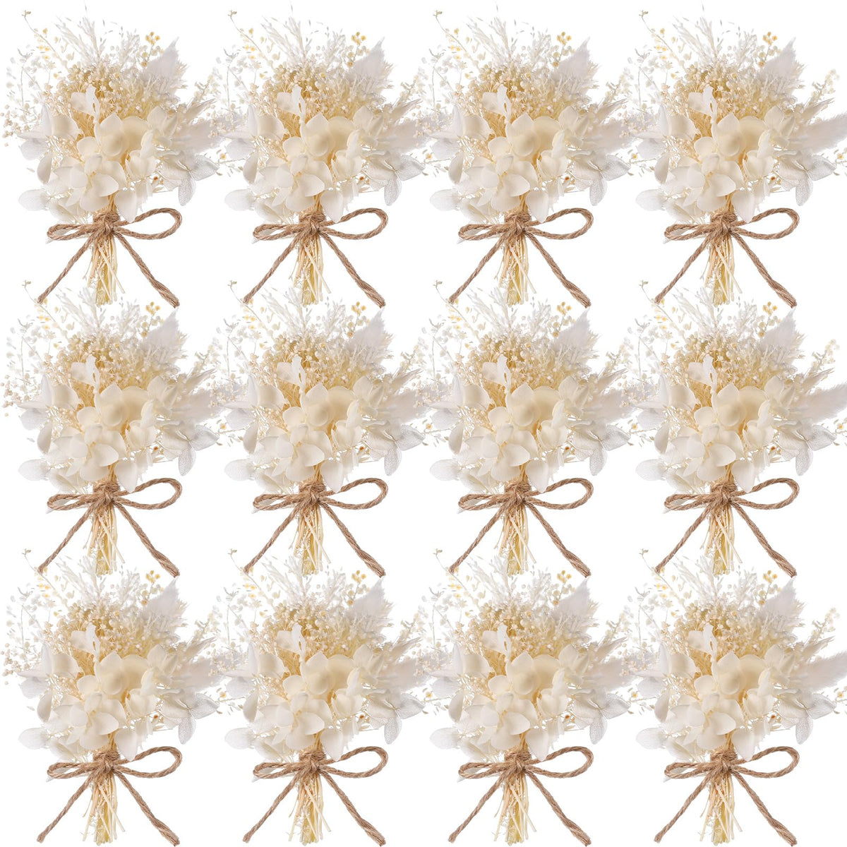 12 Pcs Mini Dried Flower Bouquet for Boho Floral Wedding 6'' Small Dry Pampas Grass Handmade Tiny Dried Flower for Crafts DIY Boutonniere Table Centerpieces Bridesmaid Gift Box(White,Classic)