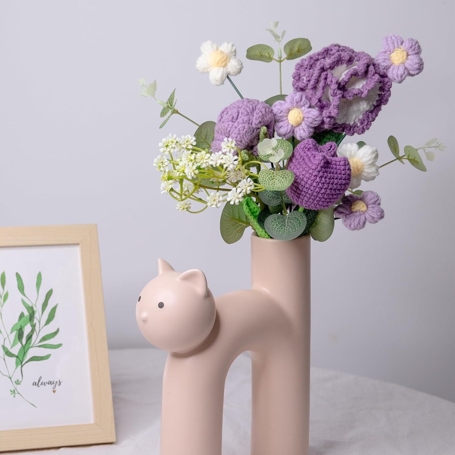 Crochet Flowers, Crochet Flower Bouquet with Purple Rose, Tulips, Carnation,Forever Flowers Gift for Mom, Mother’s Day Birthday Graduation Gift,Include Card