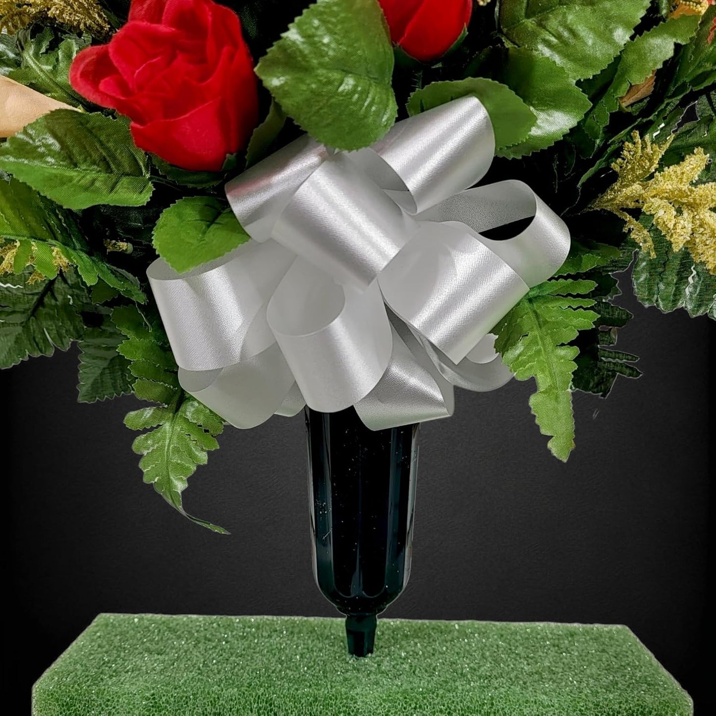 Realistic Artificial Cemetery Flowers - Silk Faux Floral Red Rose and Calla Lily Bouquet for Grave - Headstone Decoration - Memorial Flowers