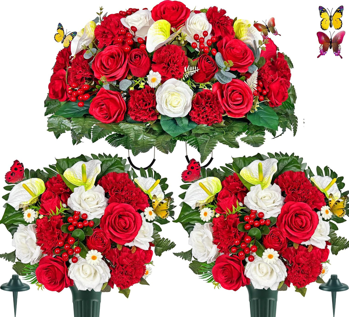 Artificial Cemetery Flower with Vases for Grave Decoration, 3PC,Red Rose Carnation，Headstone Flower Saddle (Vases Included)