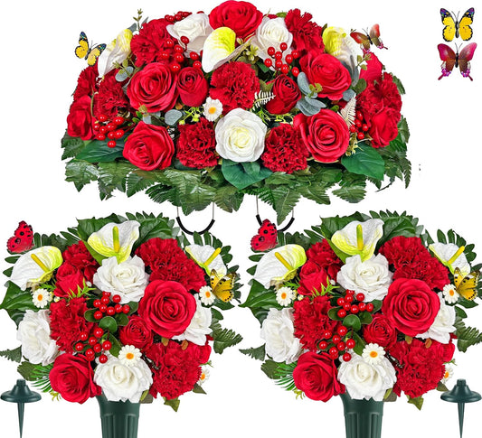 Artificial Cemetery Flower with Vases for Grave Decoration, 3PC,Red Rose Carnation，Headstone Flower Saddle (Vases Included)