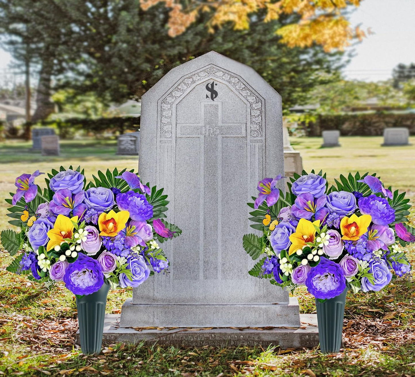 Artificial Cemetery Flowers for Grave,Memorial Flowers Bouquet with Vase for Headstones Decoration,Purple Rose Hibiscus Cymbidium Berry