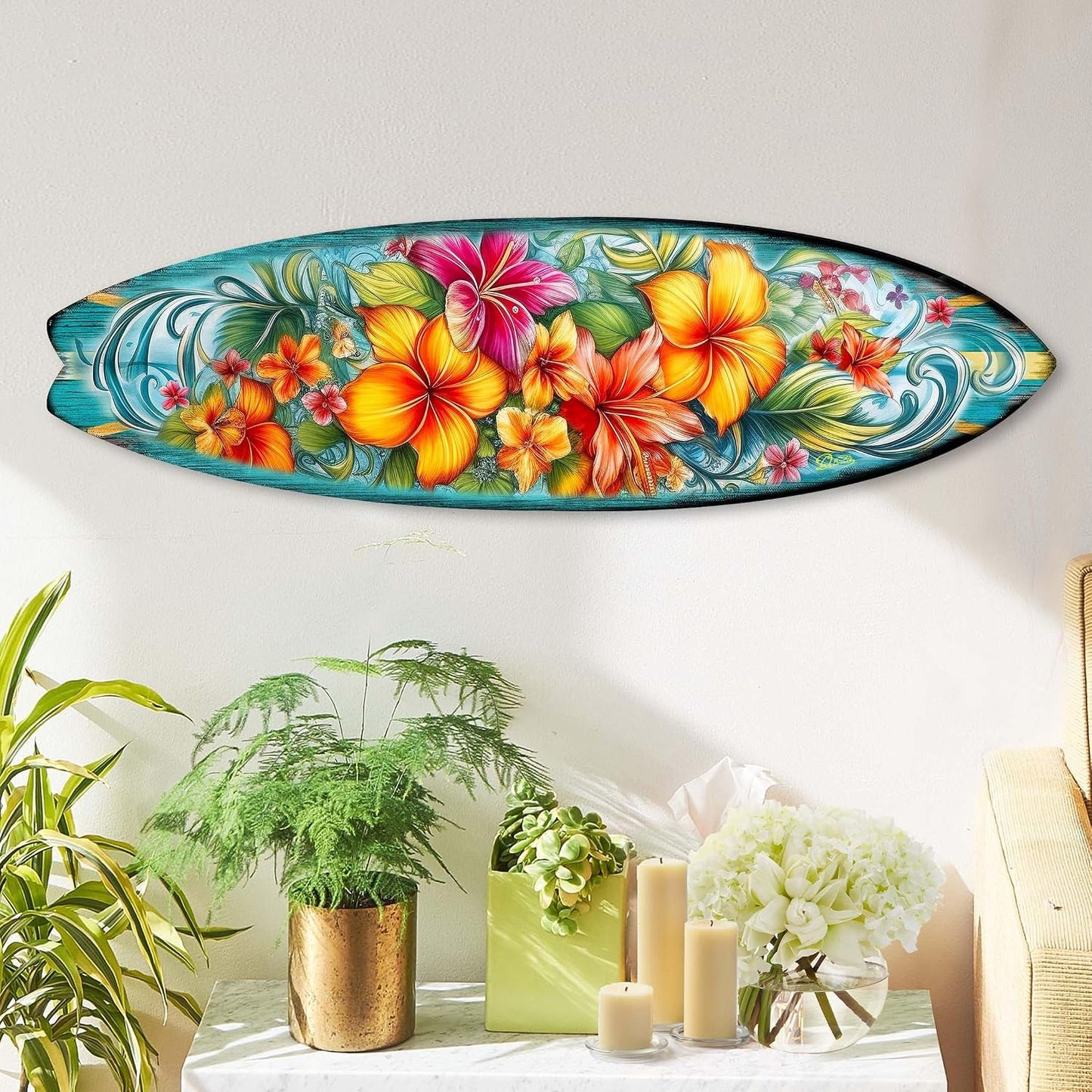 48-inch Hawaiian Flowers Surfboard Wall Art, Handcrafted Coastal Holiday Décor by G. Debrekht
