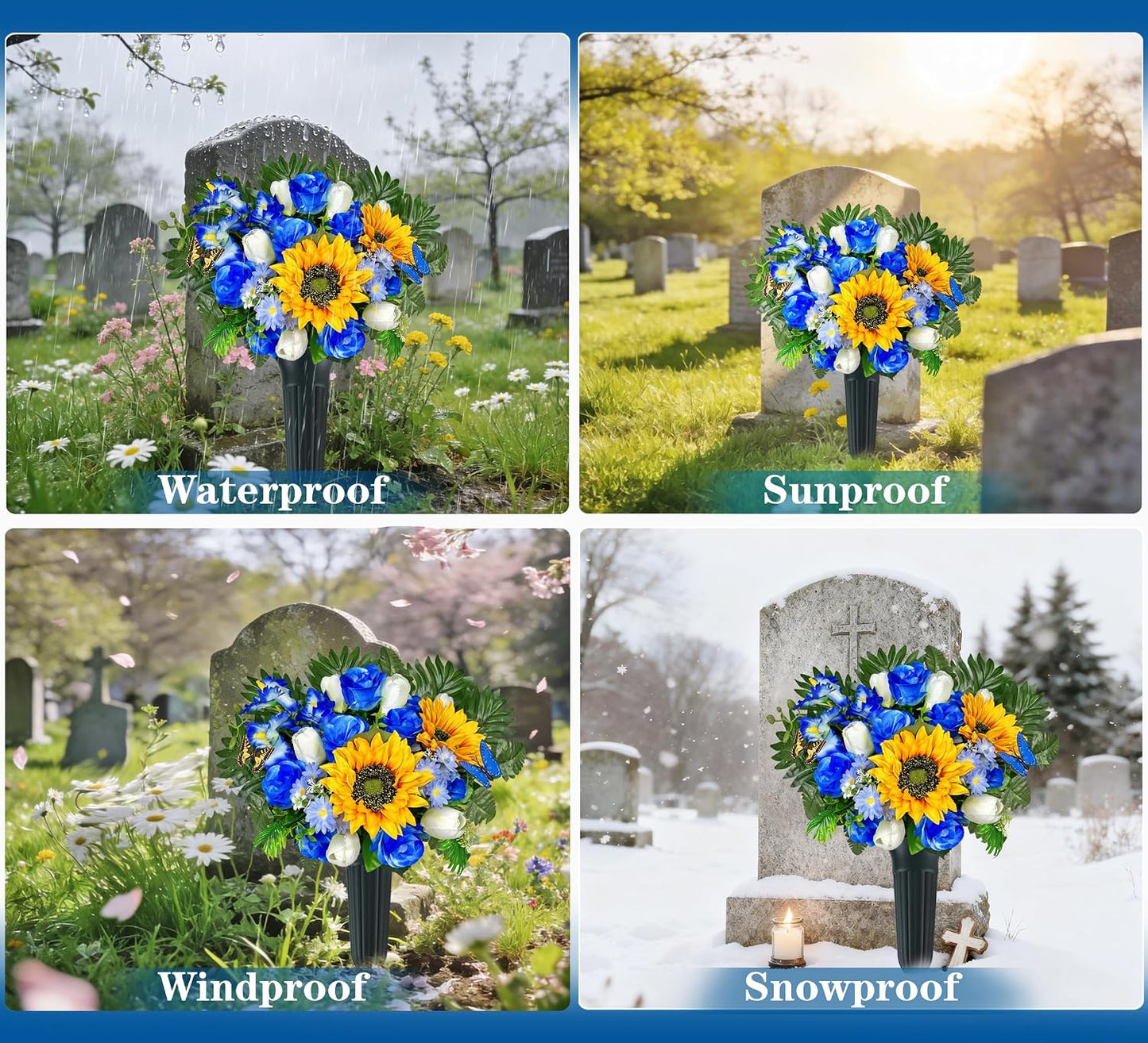 Artificial Cemetery Flowers – Vibrant Sunflower Tulip, Outdoor Grave Decorations - 1 Blue Gravesite Bouquet with Vase