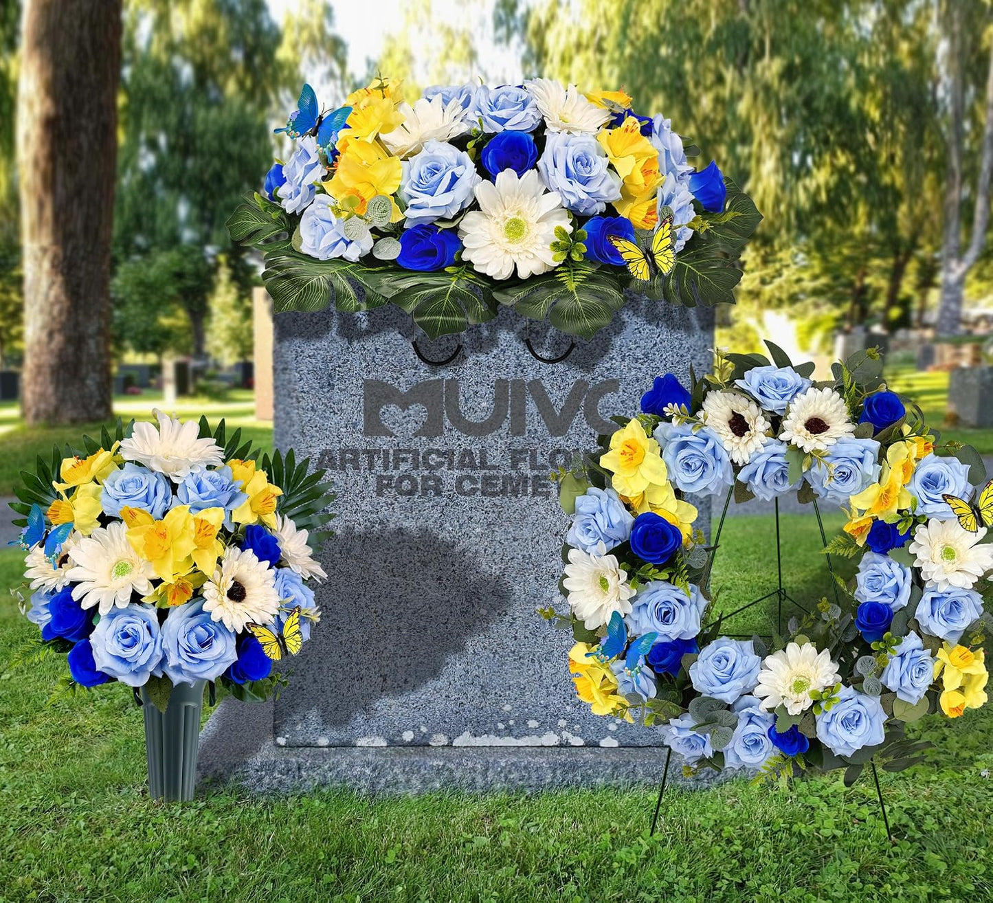 MUVIC Handmade Cemetery Wreath with Grave Holder, Artificial Flower Wreaths for Tombstone Decoration of Memorial Day/Mother's Day/Father's Day/Christmas,Blue,Yellow,White