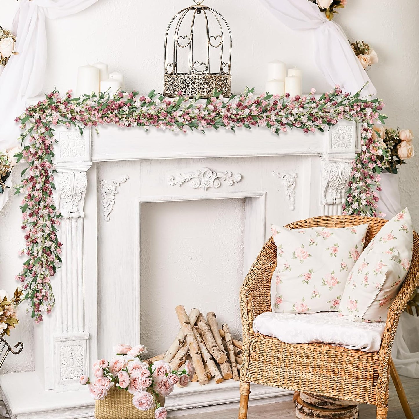 6ft Spring Summer Flower Garland, Artificial Floral Vine for Wall Backdrop Mantle Fireplace Stair Table Wedding Arch, All Season Home Door Porch Decor (Pink)