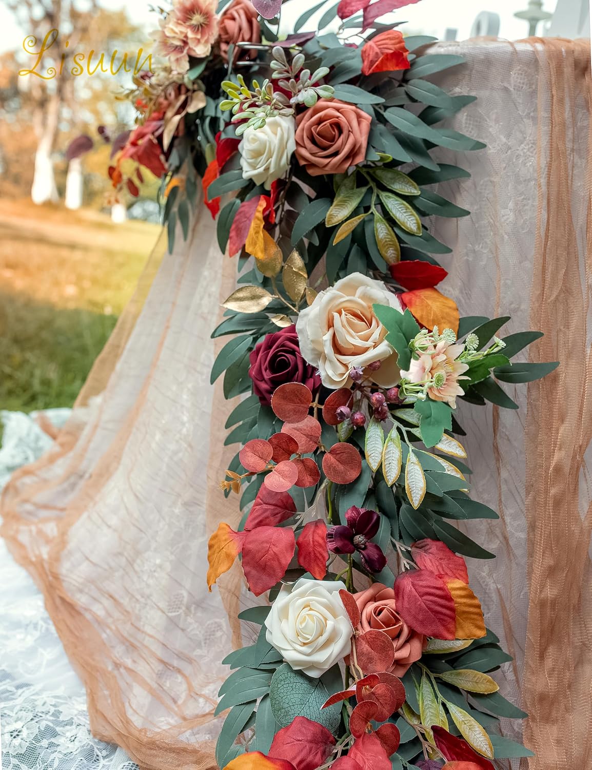Lisuun 9FT Artificial Wedding Arch Flower Garland for Table Decor | Handmade Layered Floral Design for Head Tables, Reception Backdrops, Table Runners and Romantic Ceremony Displays