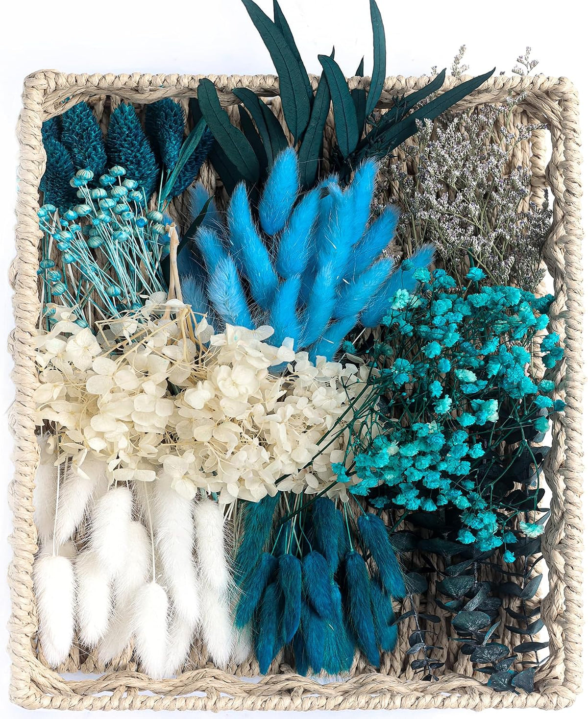 xin's convey DIY Natural Preserved Flower Kit, Wholesale Preserved Flowers for Vases, Preserved Flowers with Stems, Mini Bouquets, Hydrangeas, Eucalyptus Leaves. (Blue)
