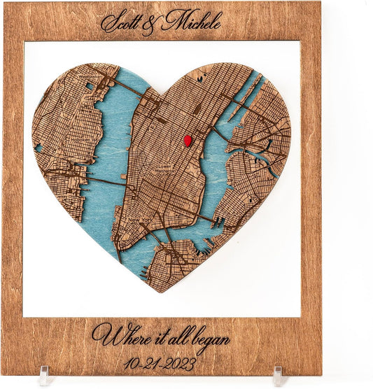 Where it All Began Map Wooden Wall Art - 3D Custom Location or City Map Wall Decor for Valentine's Day - Gifts for Couples