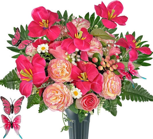 Artificial Cemetery Flower Bouquet with Grave Vase for Headstone Decoration-Tulips in Bloom Pink Ranunculus,Easy Fit and Colorfast