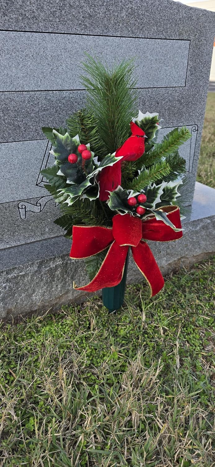 Cemetery Cone with Berries, Holly, and Pine - Christmas Memorial Decoration - Realistic Silk Faux Floral Artificial Grave Flowers -