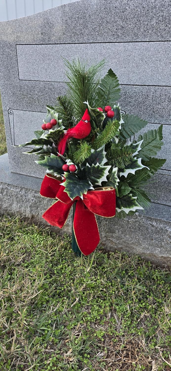 Cemetery Cone with Berries, Holly, and Pine - Christmas Memorial Decoration - Realistic Silk Faux Floral Artificial Grave Flowers -