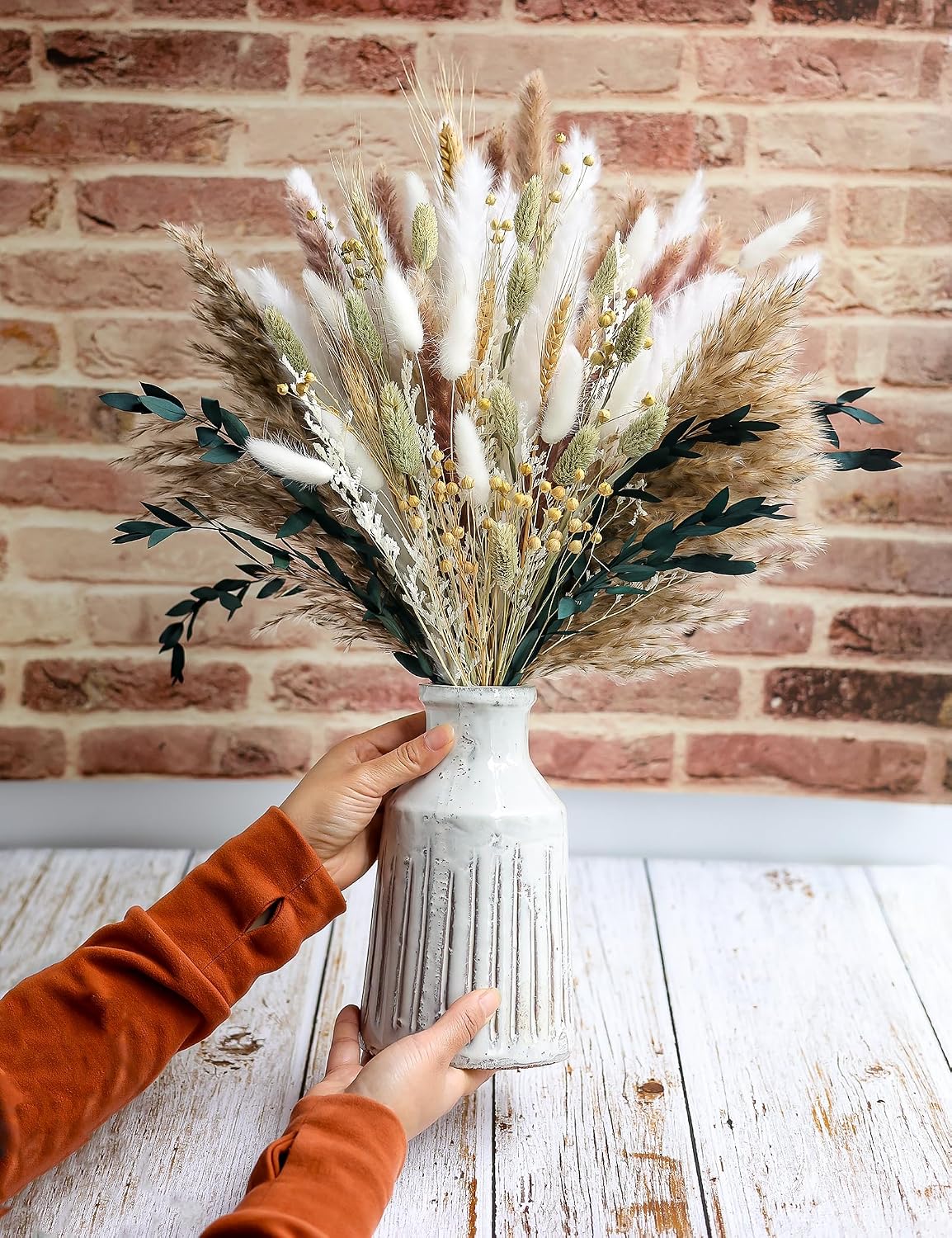 xin's convey 126pcs Dried Pampas Grass Decorations, Dried Flowers Bouquet, Reed Grass Bouquet for Boho Floral Wedding, Bedroom, Rustic Farmhouse Decor. (White)