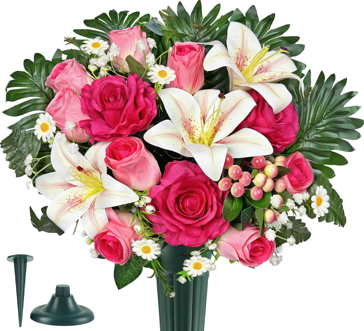 Artificial Cemetery Flower Bouquet, Grave Flower for Headstone Outdoor Decoration， Non-Fade and Easy Setup