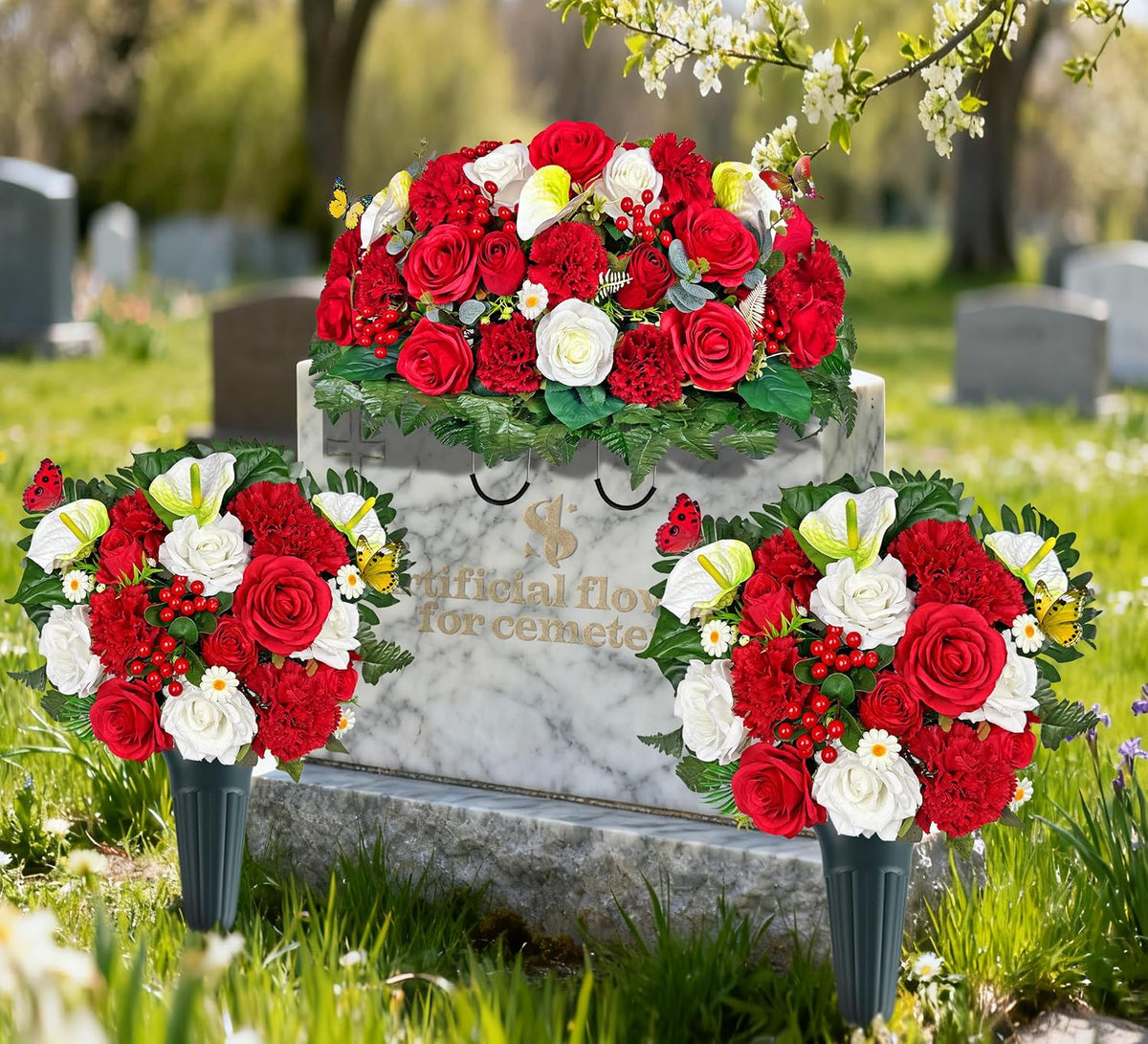 Artificial Cemetery Flower with Vases for Grave Decoration, 3PC,Red Rose Carnation，Headstone Flower Saddle (Vases Included)