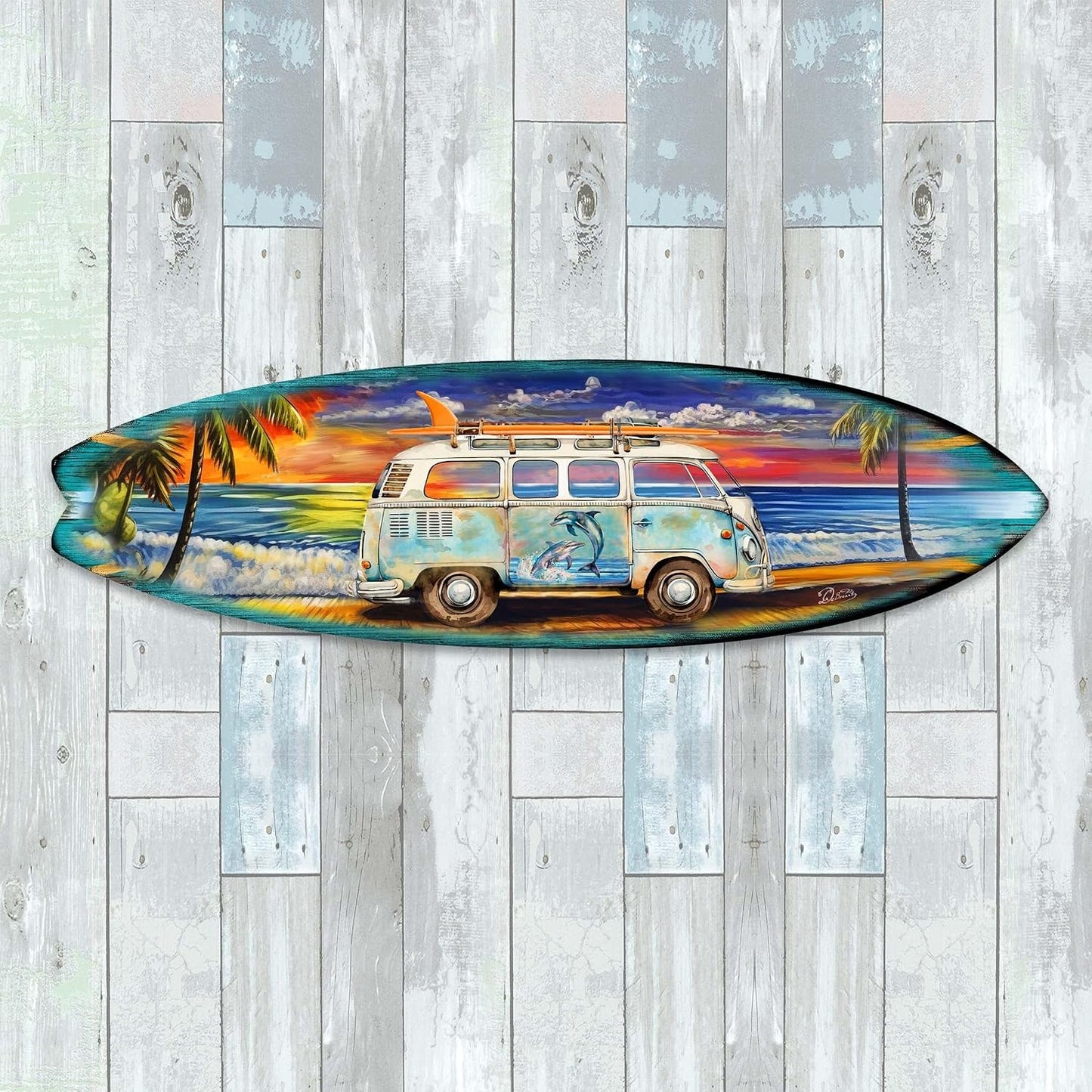 48-inch Surf Van at the Beach Wall Art, Handcrafted Coastal Holiday Décor by G. Debrekht