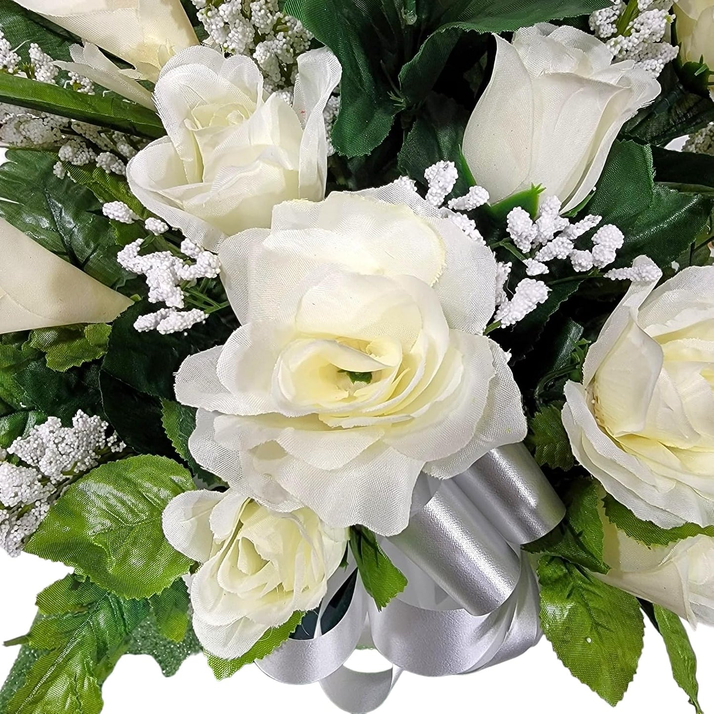 Realistic Artificial Cemetery Flowers - Silk Faux Floral Cream Rose and Calla Lily Bouquet for Grave - Headstone Decoration - Memorial Flowers