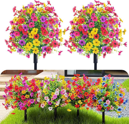 22 Inch Artificial Flowers and shrubs with Stakes, 4 Colors Mix, 165 Blooms Per Stem, Vibrant Color & No Fade, Heavy Duty Stakes for Yard Lawn Patio All Season Outdoor Decor (2Pcs)