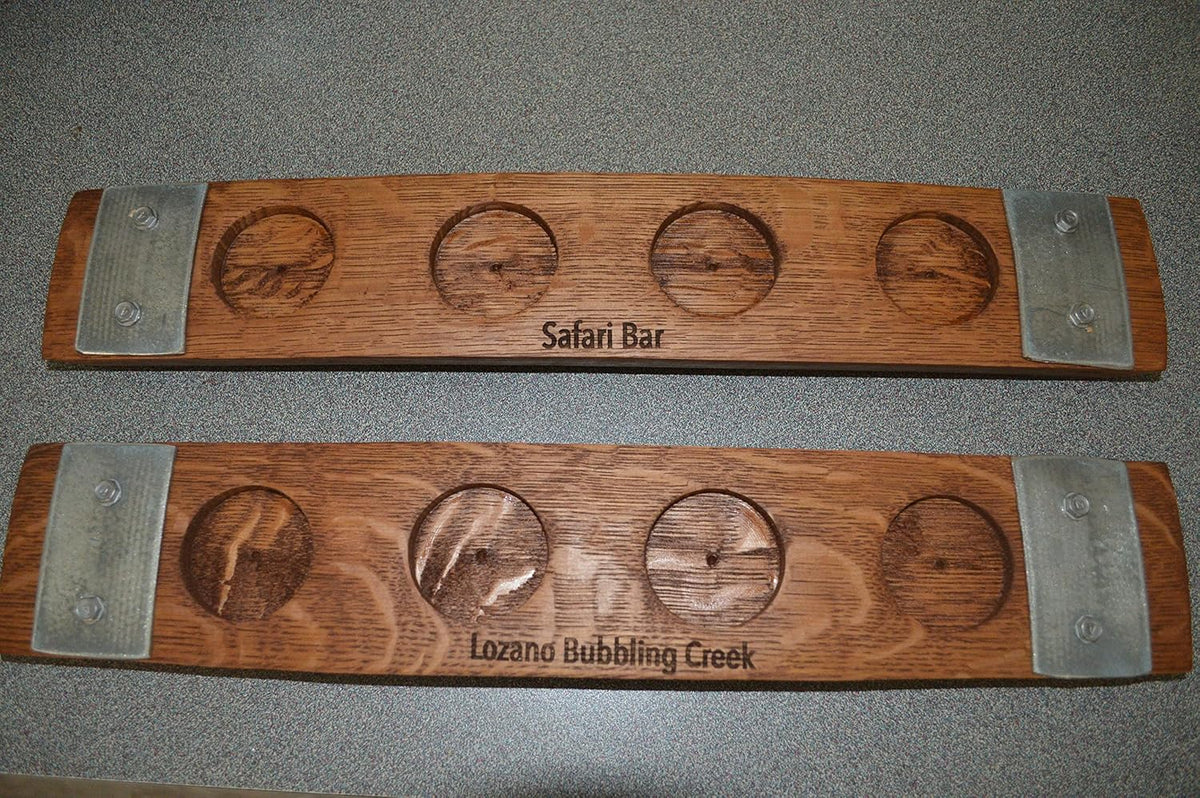 Personalized Laser Engraved Whiskey Glass Flight Tasting Board Holder 3, 4 or 5 Made from a Kentucky Bourbon barrel stave (Glasses Not Included) (5 Glass, English Chestnut)