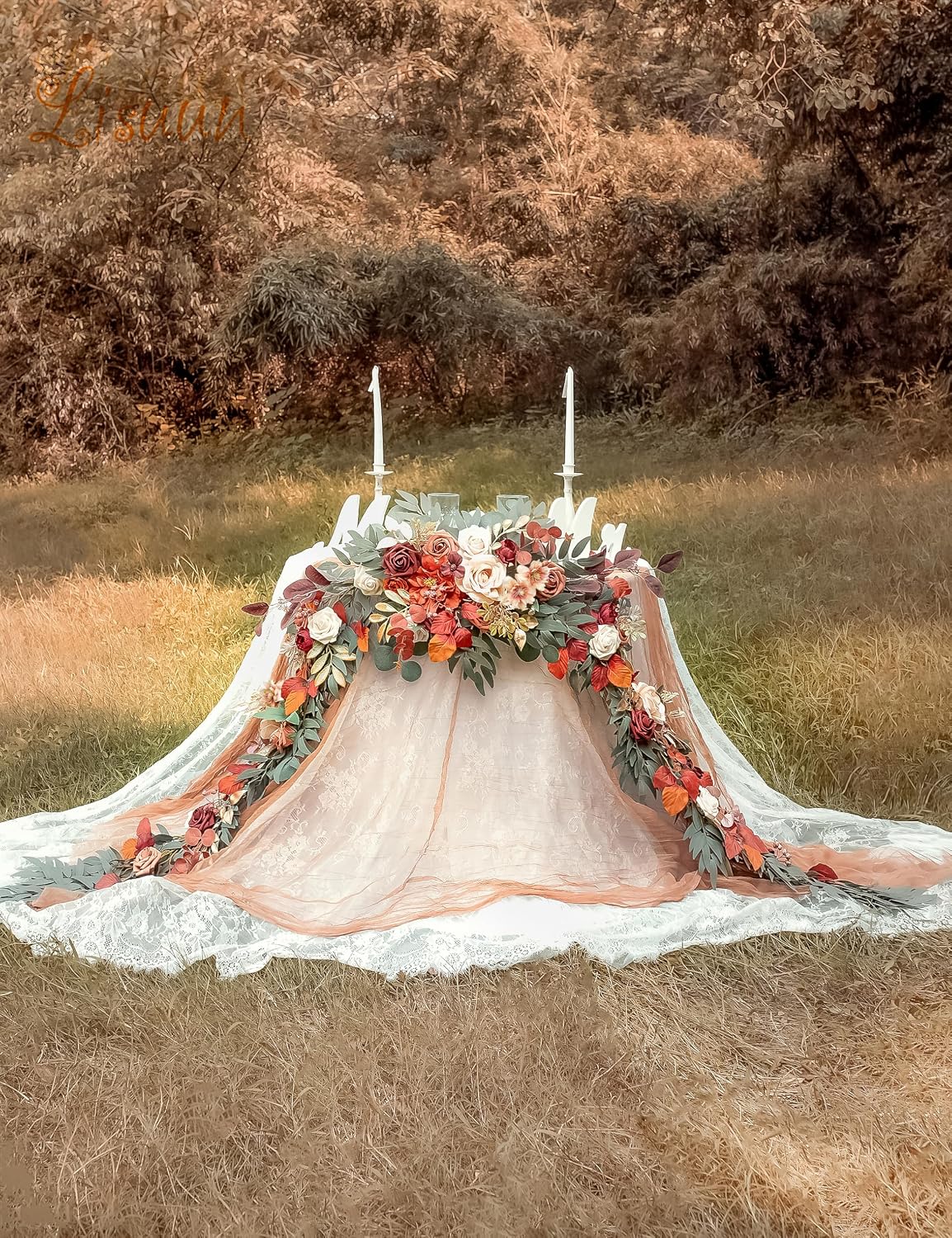 Lisuun 9FT Artificial Wedding Arch Flower Garland for Table Decor | Handmade Layered Floral Design for Head Tables, Reception Backdrops, Table Runners and Romantic Ceremony Displays