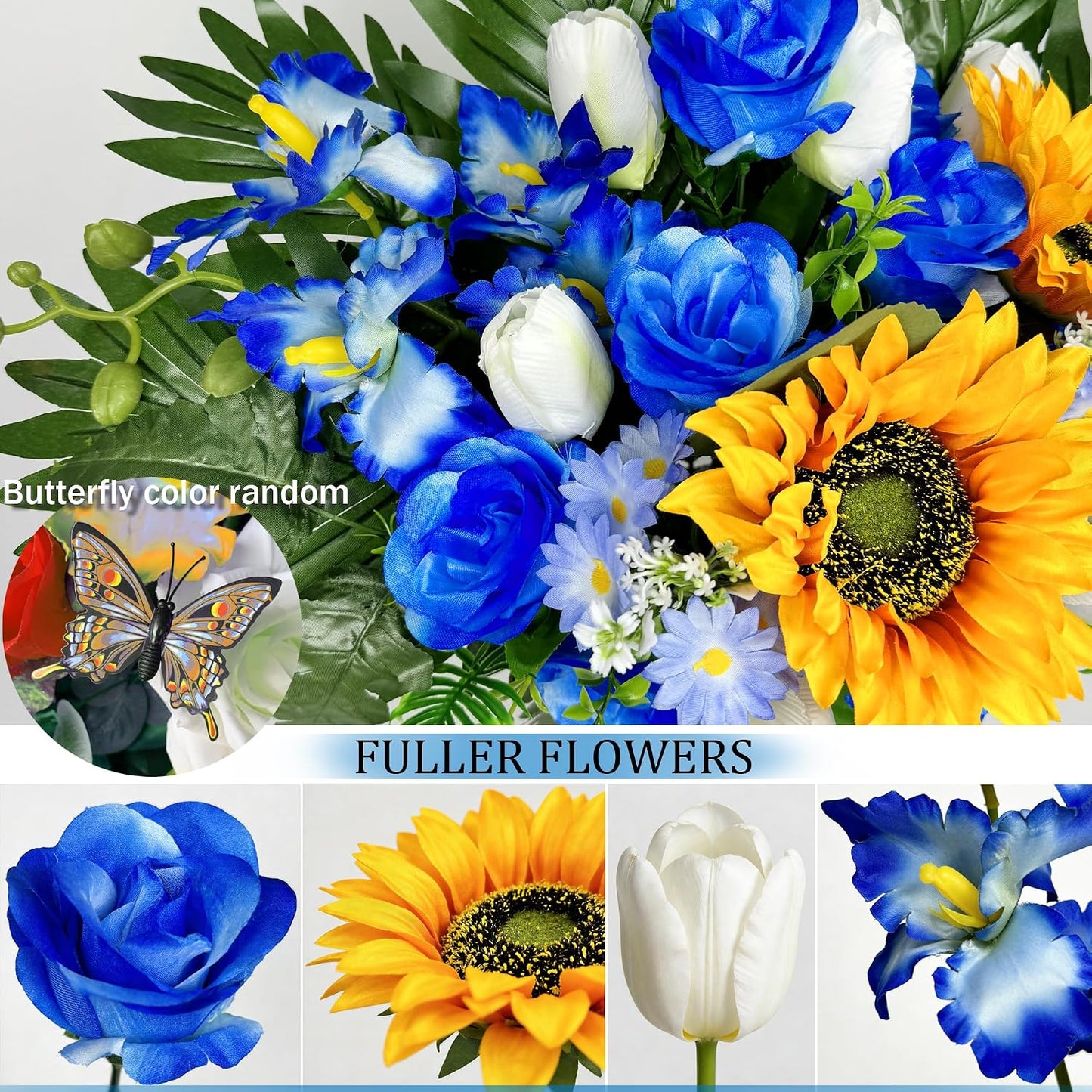 Artificial Cemetery Flowers – Vibrant Sunflower Tulip, Outdoor Grave Decorations - 1 Blue Gravesite Bouquet with Vase