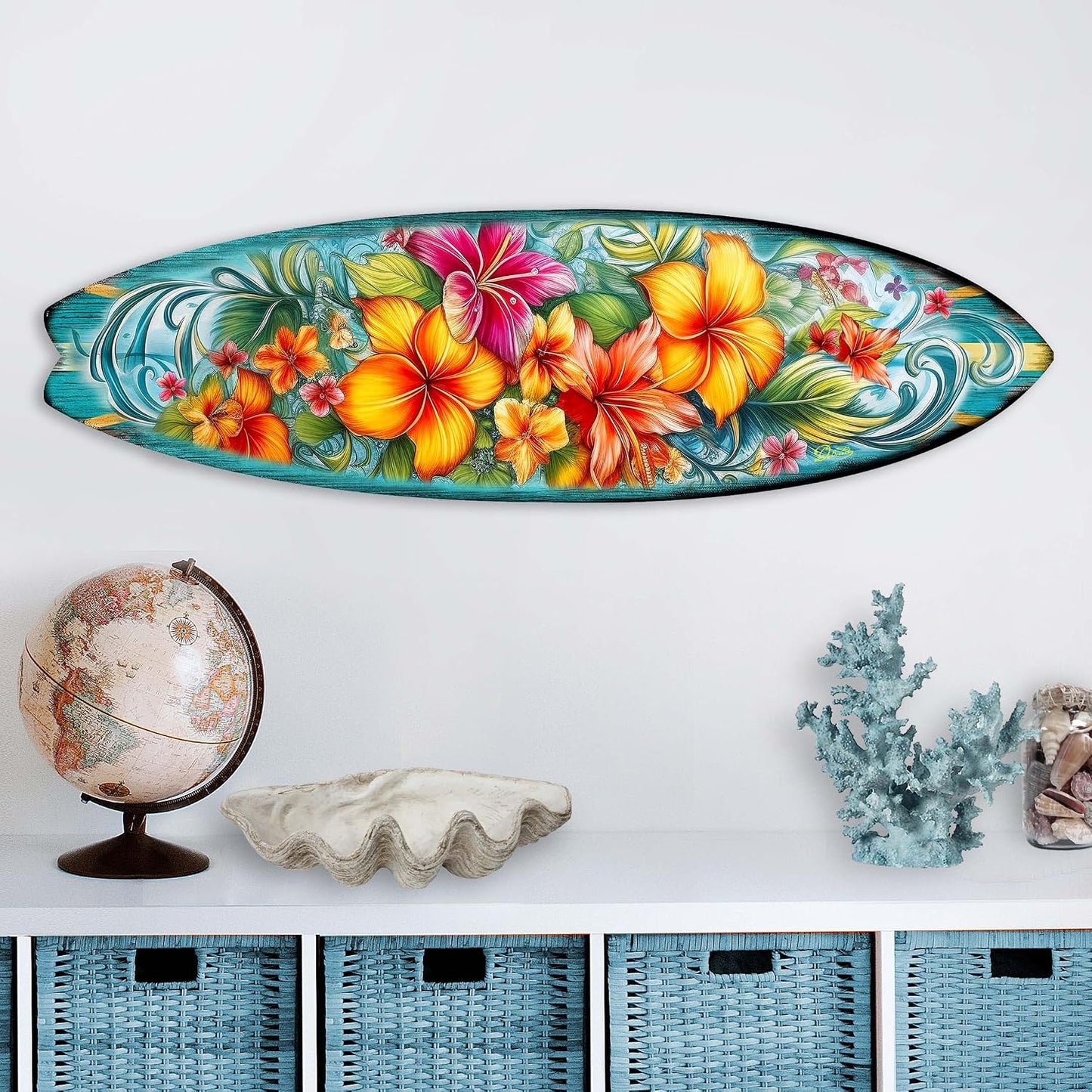 48-inch Hawaiian Flowers Surfboard Wall Art, Handcrafted Coastal Holiday Décor by G. Debrekht