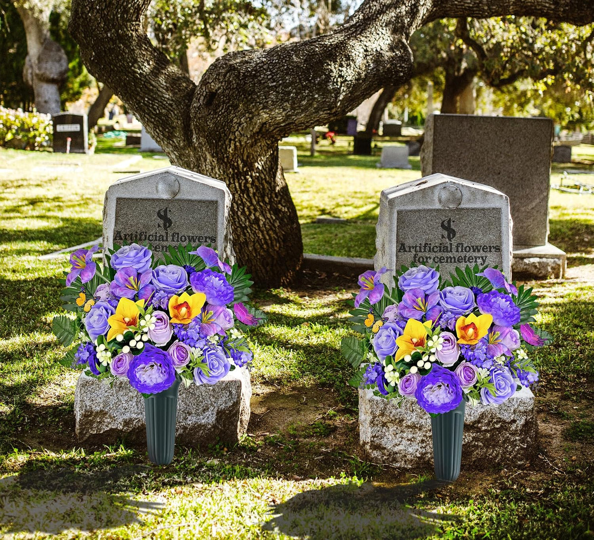 Artificial Cemetery Flowers for Grave,Memorial Flowers Bouquet with Vase for Headstones Decoration,Purple Rose Hibiscus Cymbidium Berry