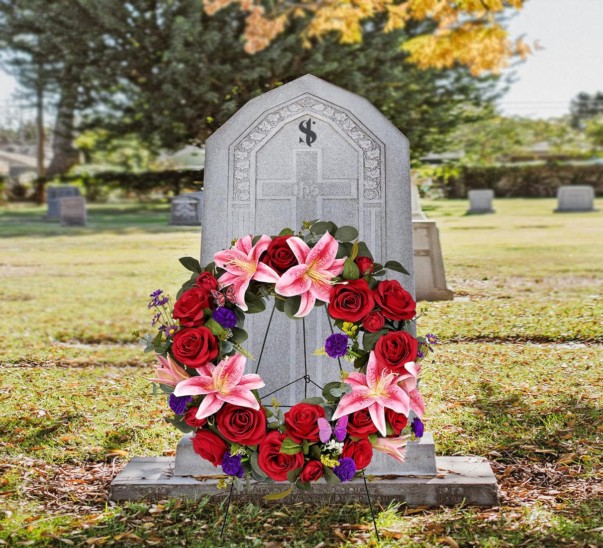 Cemetery Wreaths for Graves with 30 inch Easel Stand,Handmade Headstone Wreath Flower with Hanger, Artificial Rose Lily Daisy and Carnation,Red/Pink