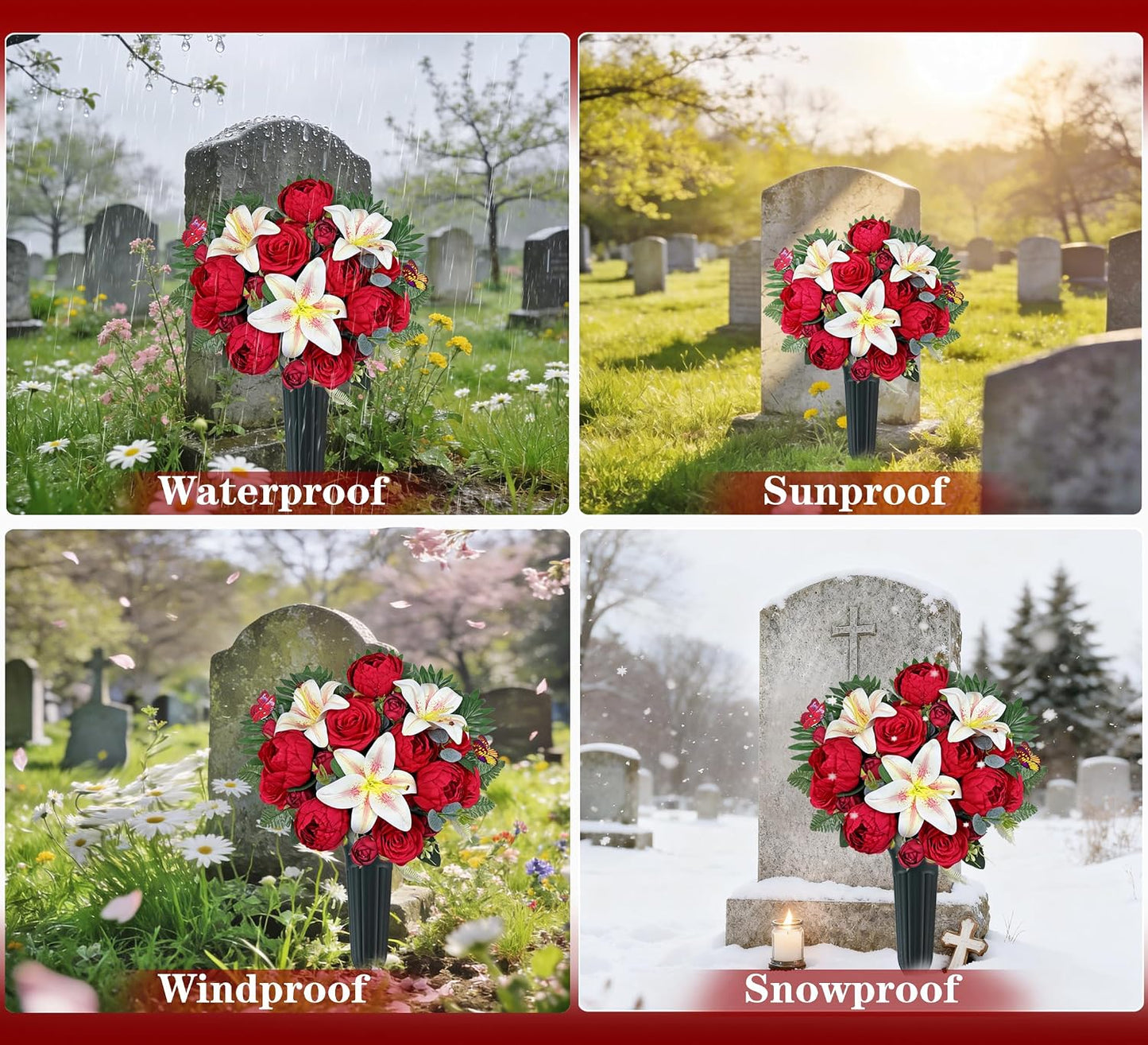 Artificial Cemetery Flowers for Grave Vase， Headstone Silk Flower Arrangement, Graveside Decoration- Vibrant Red Camellia Rose Lily Mix Bouquet, Tombstone Memorial Flowers