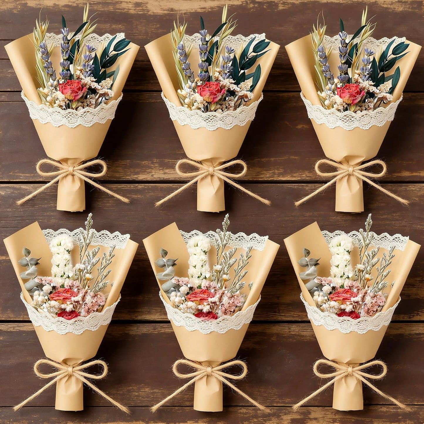 Mini Dried Flower Bouquet Set of 6, Pampas Grass Boho Wedding Table Centerpieces, Boutonniere for Men, Dry Flowers, Personalized Bridesmaid Gift Box, Small Bottles Decoration (Rose)