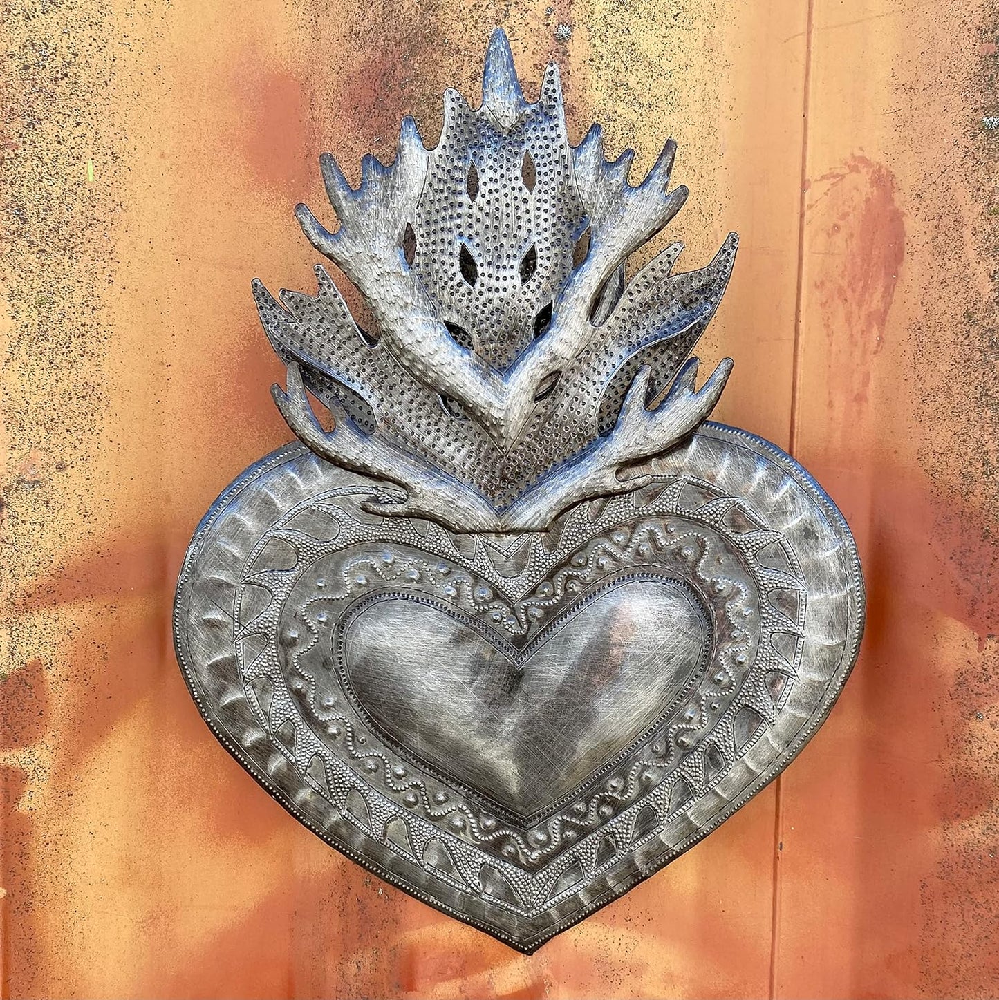 Handmade Flaming Heart Metal Wall Hanging Erzulie Design Haitian Metal Art 13 x 16.5 Inches Cultural Folk Art Wall Décor Recycled Steel, Sacred, Love and Friendship